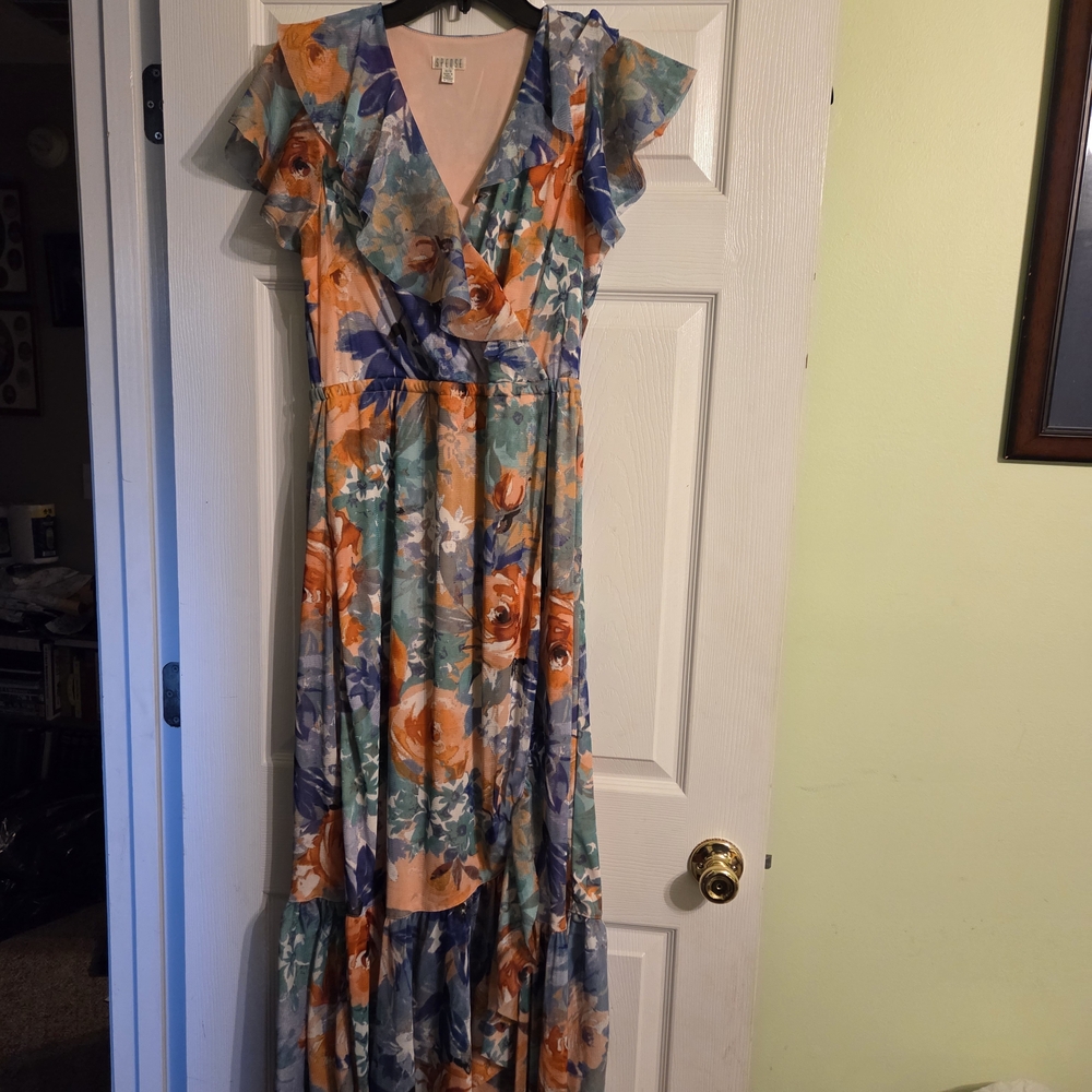 Spense Orange and Blue Floral Midi Dress